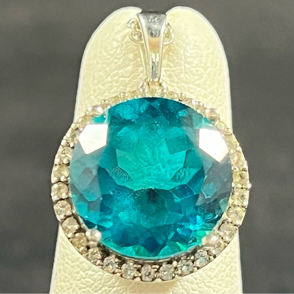 Fancy Blue Moissanite Halo Sterling Silver Pendant & Link Chain